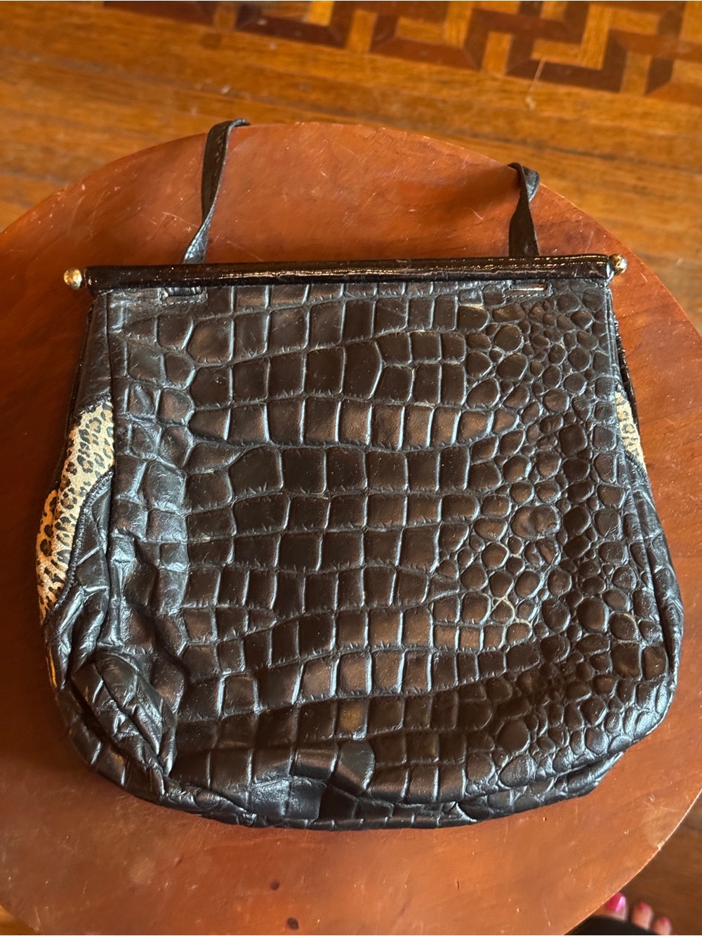 Fifth Ave Leopard Applique Leather Shoulder Bag in Brown and Cream - Picture 3 of 5